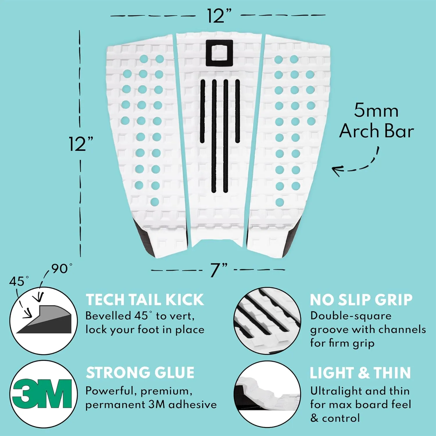 3-Piece Traction Pad - Arch, Flat, or Front - Maximum Grip, Super Strong 3M Adhesive - Fits All Surfboards: Shortboard, Fish, Longboard, SUP, Skimboard - Stomp or Deck Pad