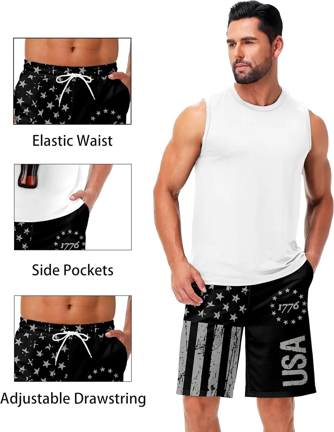 AOBUTE Men's 4th of July Shorts American Flag Patriotic Shorts with Pockets