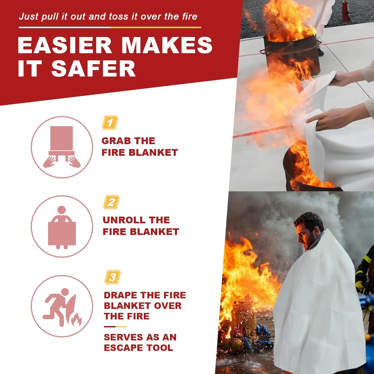 Fire Blanket for Home and Kitchen, 60"x60" Fiberglass Suppression Emergency Fire Retardant Blankets for Camping, Grill, Car, Office, Warehouse with Gloves(2 Pack)