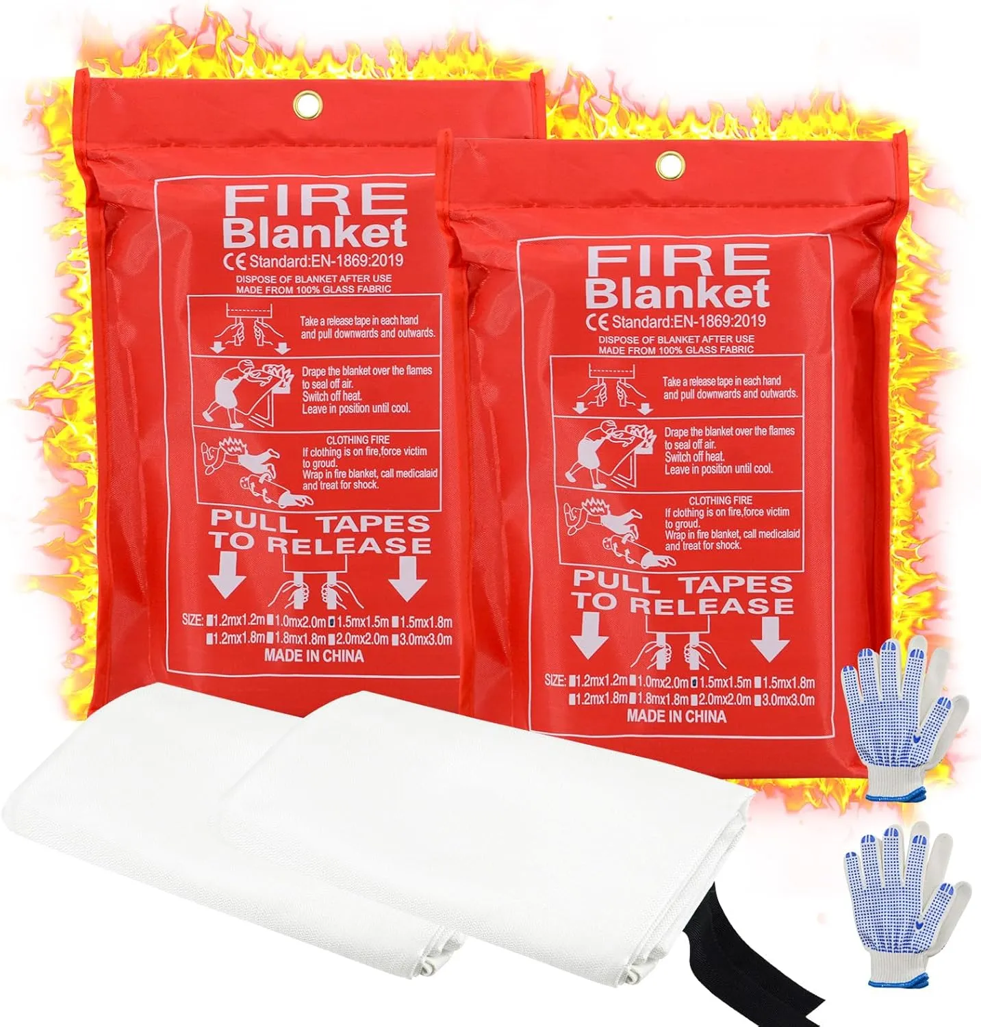 Fire Blanket for Home and Kitchen, 60"x60" Fiberglass Suppression Emergency Fire Retardant Blankets for Camping, Grill, Car, Office, Warehouse with Gloves(2 Pack)