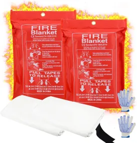 Fire Blanket for Home and Kitchen, 60"x60" Fiberglass Suppression Emergency Fire Retardant Blankets for Camping, Grill, Car, Office, Warehouse with Gloves(2 Pack)