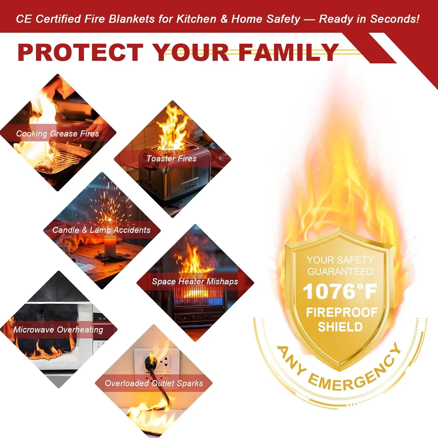 Fire Blanket for Home and Kitchen, 60"x60" Fiberglass Suppression Emergency Fire Retardant Blankets for Camping, Grill, Car, Office, Warehouse with Gloves(2 Pack)