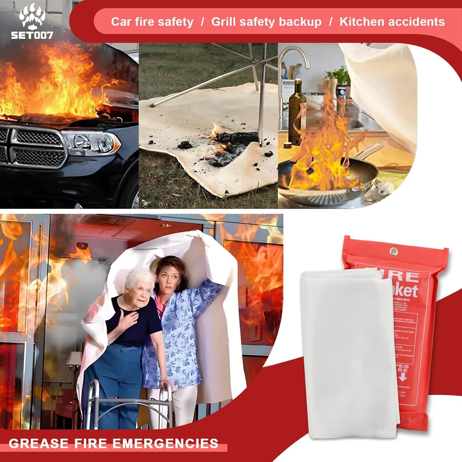 Fire Blanket for Home and Kitchen, 60"x60" Fiberglass Suppression Emergency Fire Retardant Blankets for Camping, Grill, Car, Office, Warehouse with Gloves(2 Pack)