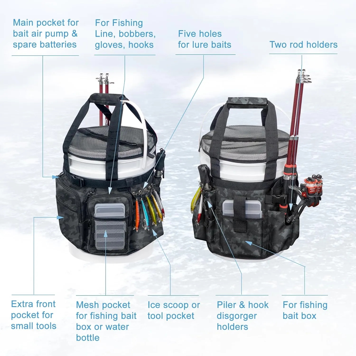 Fishing Bucket Organizer with Bucket Cover, Ice Fishing Tackle Bag with Rod & Plier Holder, Multi-Pockets for 5 Gallon Bucket Fishing Gear & Accessories