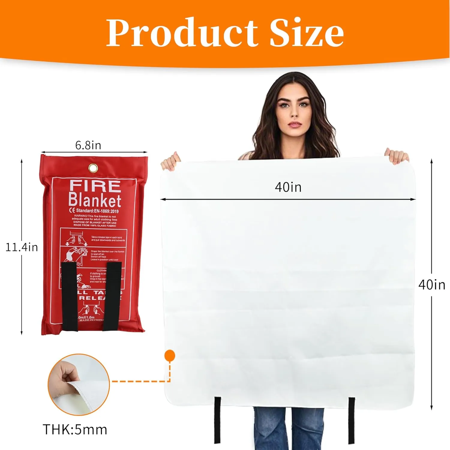 FJNATINH Silicone Fire Blanket 1Pack, Emergency Fire Safety for Home and Kitchen - 40" x 40" Thicked Fireproof Flame Retardant Blanket for Rapid Fire Suppression