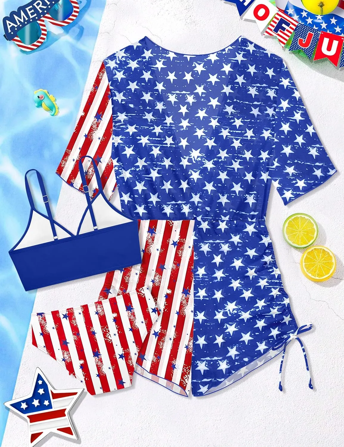 Girls Swimsuit 3 Piece Bathing Suit Ring Linked Bikini Set with Quick Dry Cover Up Girls' Swimwear for 9-16 Years