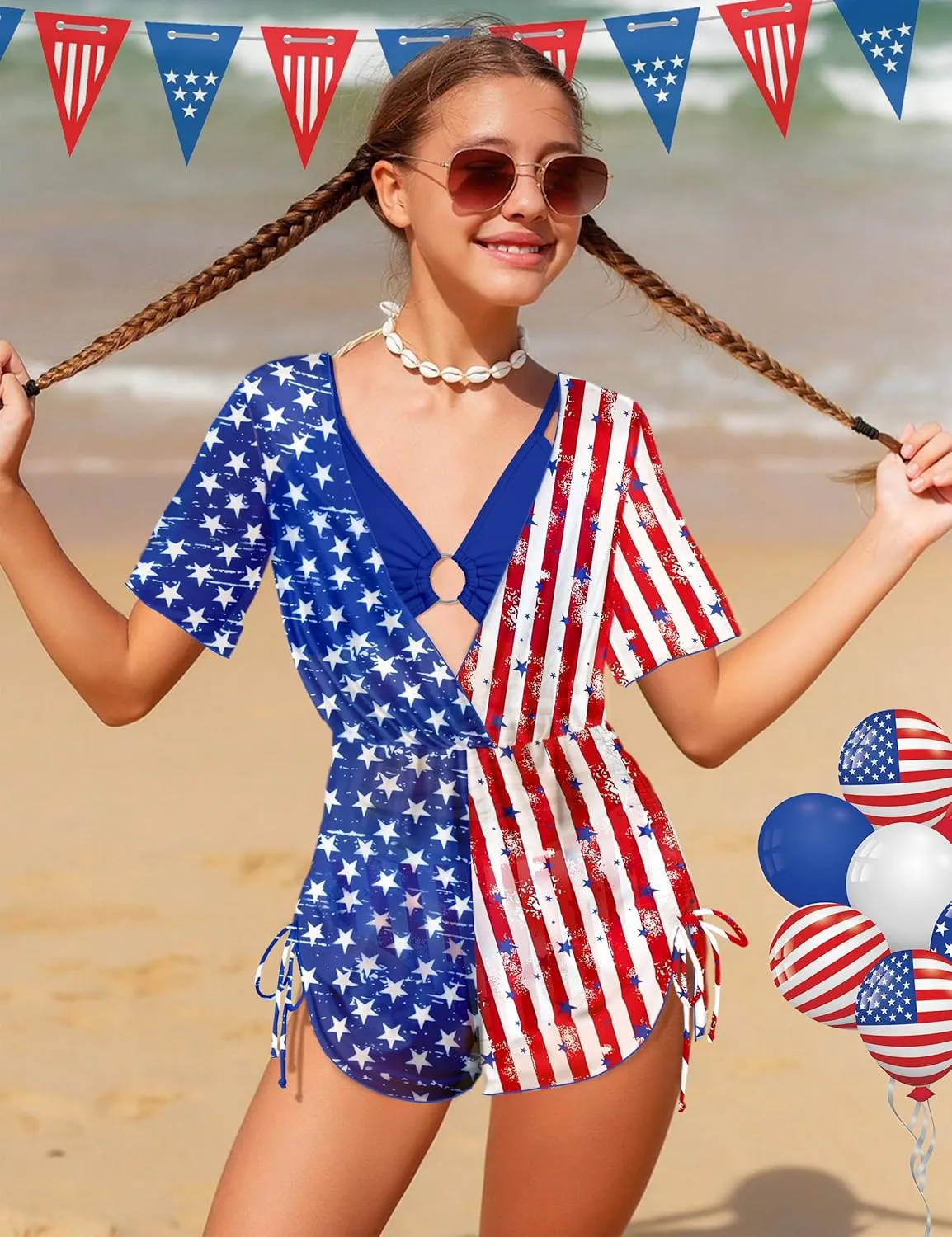 Girls Swimsuit 3 Piece Bathing Suit Ring Linked Bikini Set with Quick Dry Cover Up Girls' Swimwear for 9-16 Years