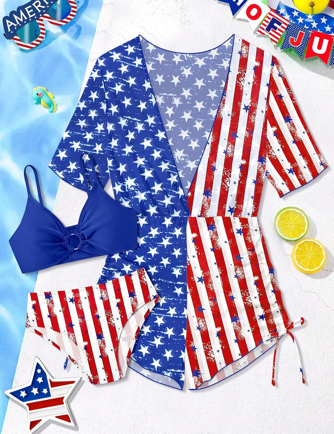 Girls Swimsuit 3 Piece Bathing Suit Ring Linked Bikini Set with Quick Dry Cover Up Girls' Swimwear for 9-16 Years