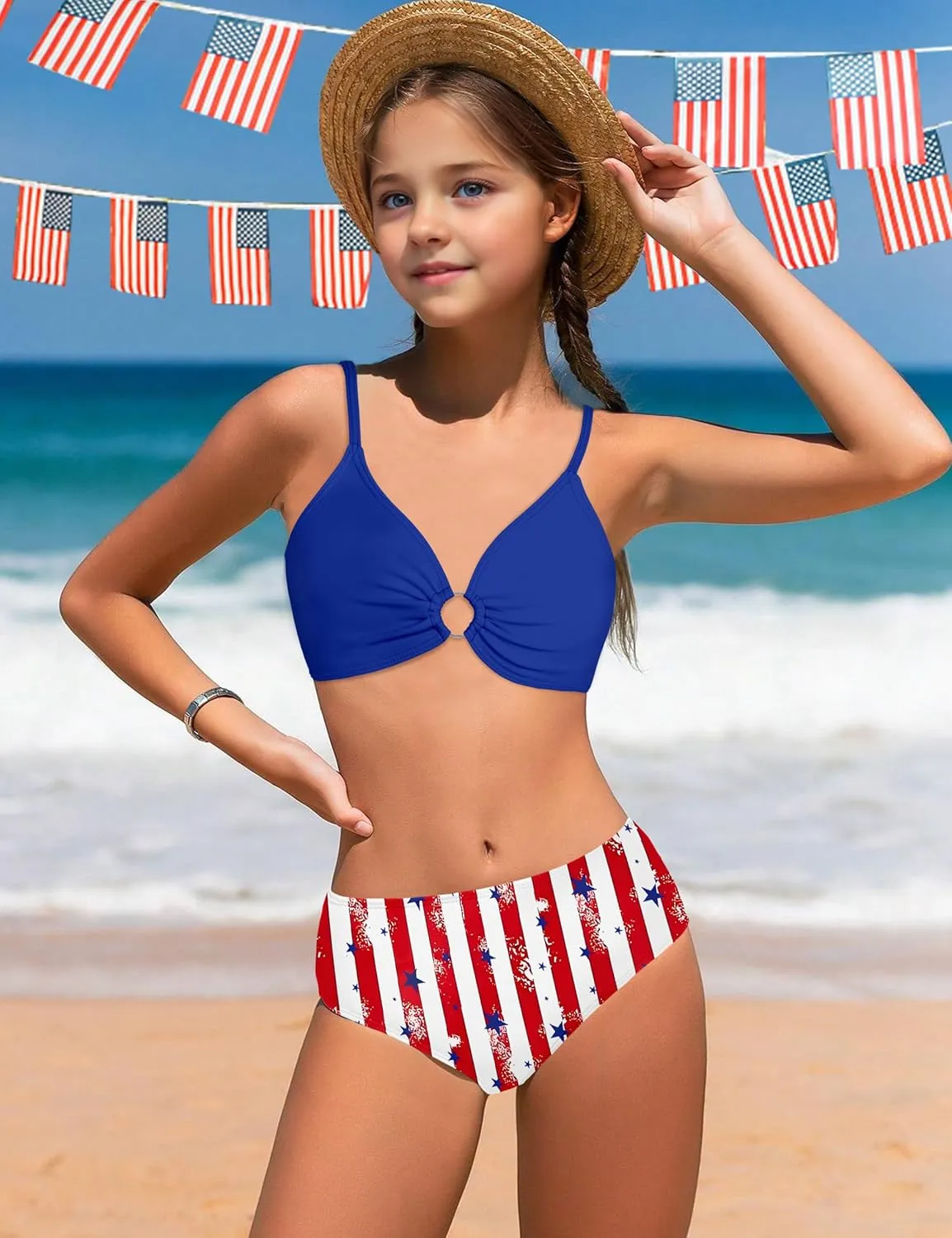 Girls Swimsuit 3 Piece Bathing Suit Ring Linked Bikini Set with Quick Dry Cover Up Girls' Swimwear for 9-16 Years