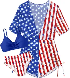 Girls Swimsuit 3 Piece Bathing Suit Ring Linked Bikini Set with Quick Dry Cover Up Girls' Swimwear for 9-16 Years