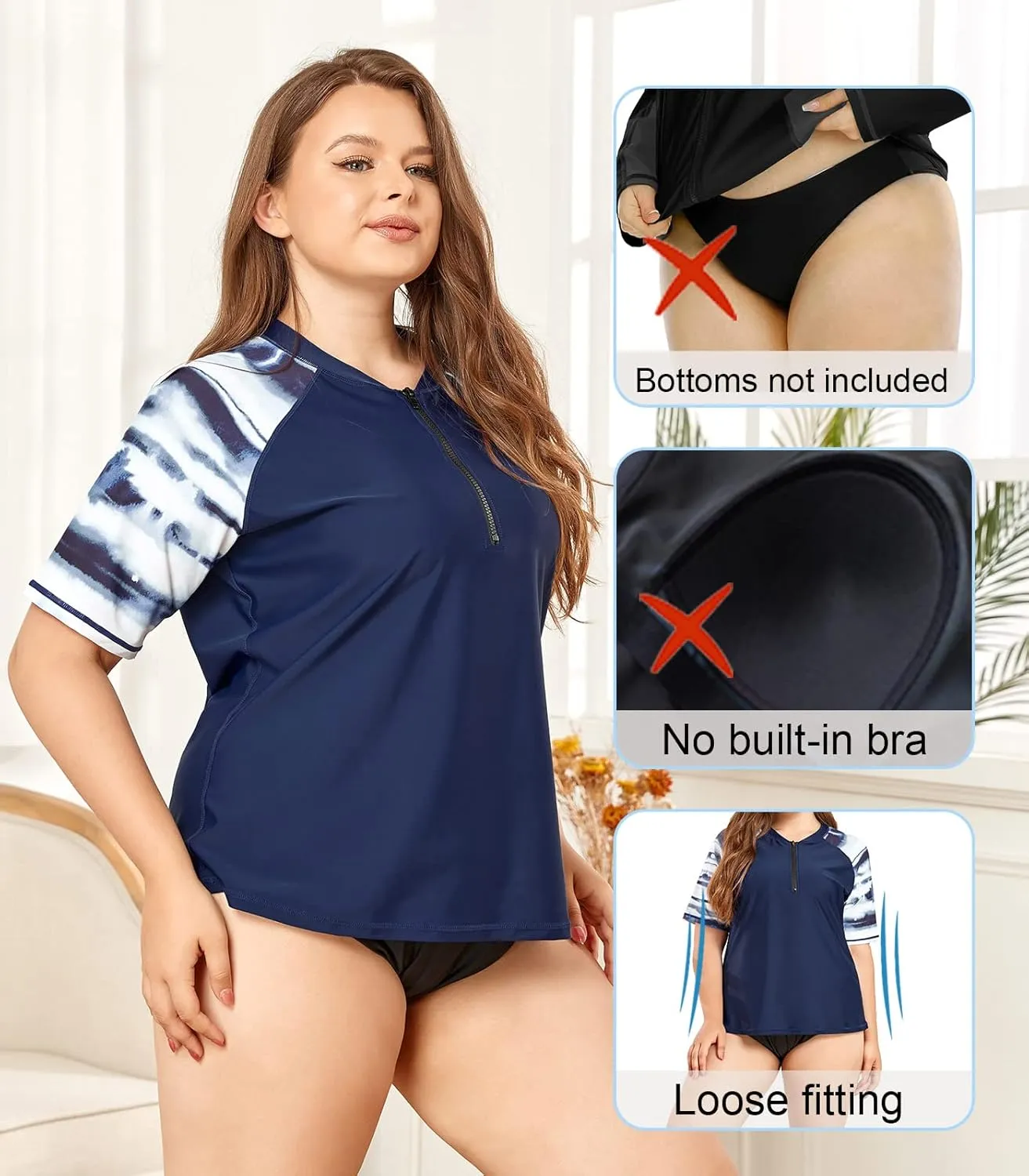 Halcurt Women's Plus Size Half Zip Short Sleeve Rash Guard Swim Top Loose Fit Swim Shirt UPF50  Swimsuit