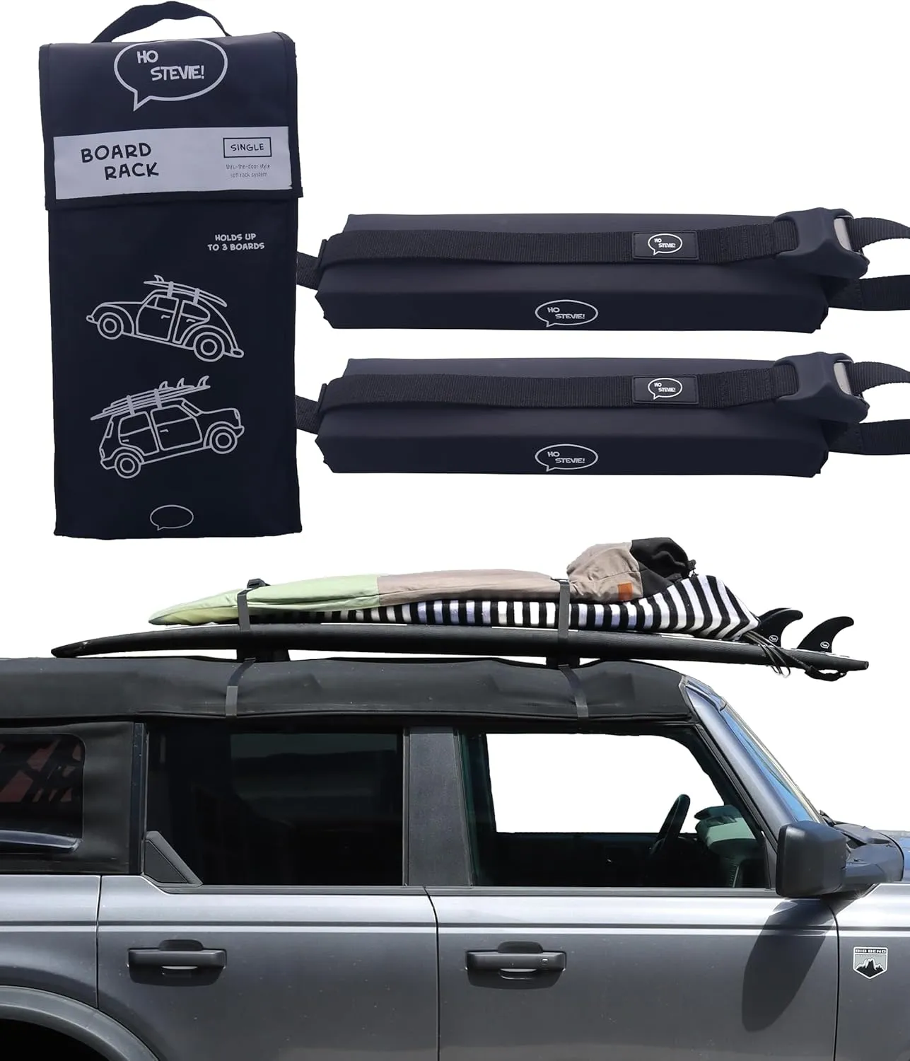 Ho Stevie! Surfboard Car Racks - Padded System, Easy Setup Any Car, No Scratch Buckles - Strap Up to 3 Boards to Car Roof