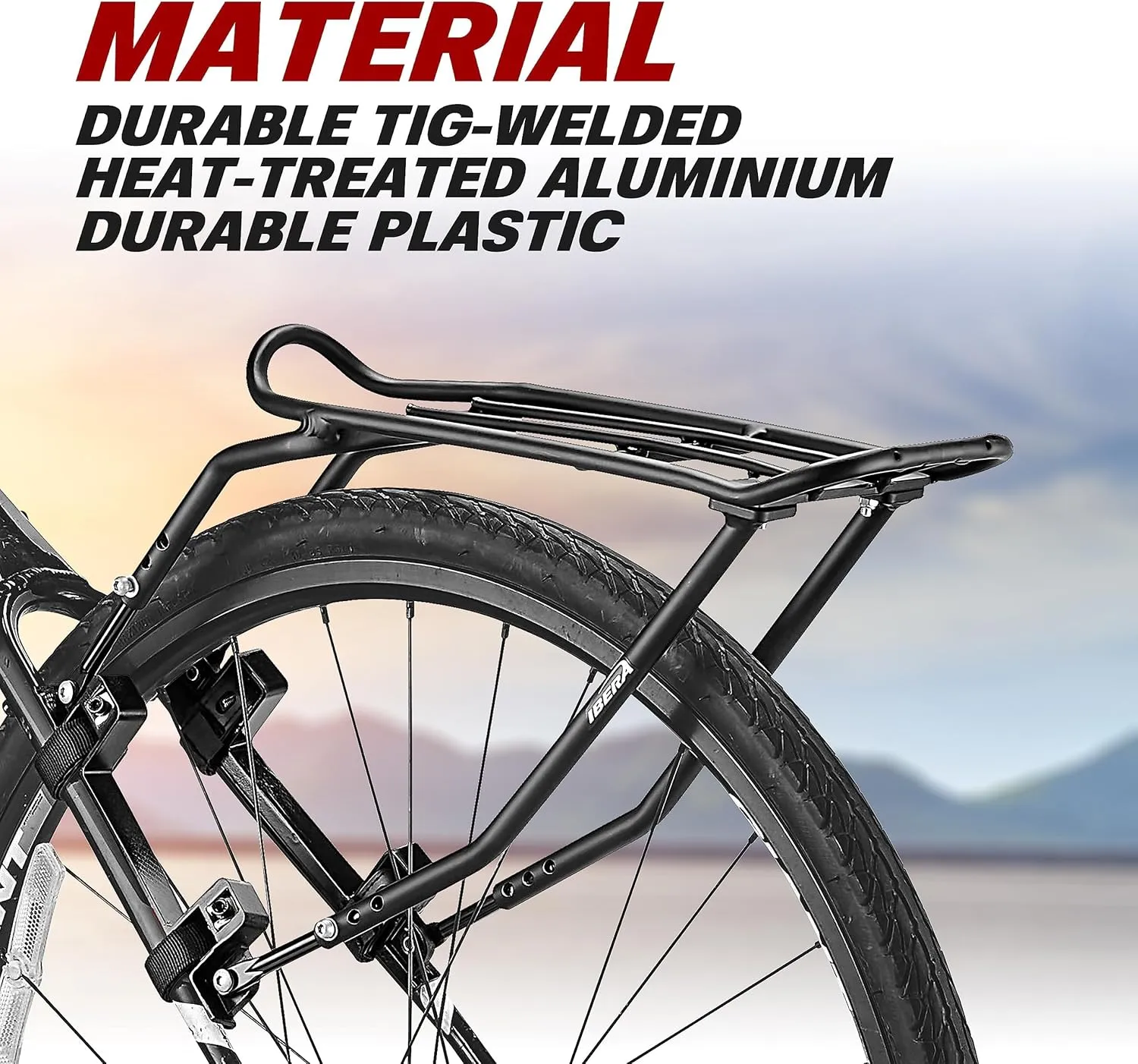 Ibera Bike Rack - Bicycle Touring Carrier Plus  for Disc Brake/Non-Disc Brake Mount, Fat Tire Bikes, Frame-Mounted for Heavier Top & Side Loads, Height Adjustable for 26"-29" Frames