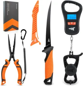 KastKing ToughTide Fishing Tool Kit, Rechargeable Digital Fish Scale with Lip Grip & Tape Measure, 7 Fillet Knife with Sheath & Sharpener, 8 Split Ring Fishing Pliers