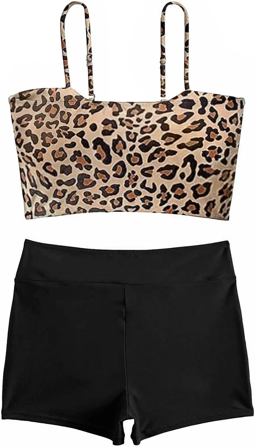 Lilosy Drawstring High Waisted Bikini Set Srting Swimsuit Spaghetti Strap Cami Top and Tie Side Shorts 2 Piece