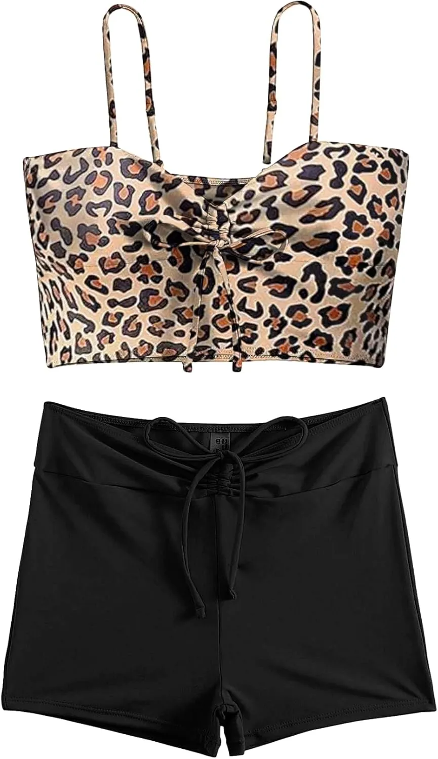 Lilosy Drawstring High Waisted Bikini Set Srting Swimsuit Spaghetti Strap Cami Top and Tie Side Shorts 2 Piece