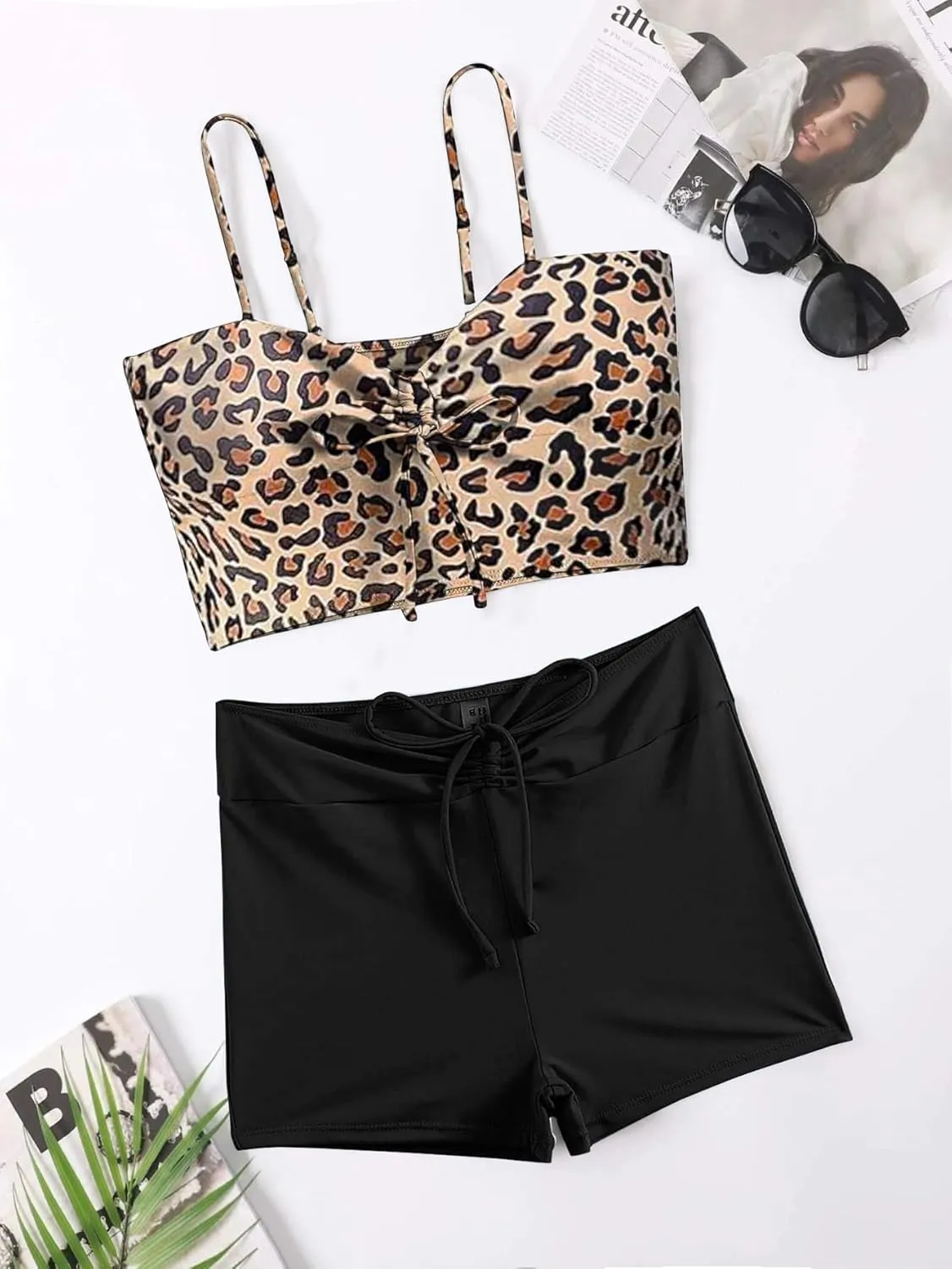 Lilosy Drawstring High Waisted Bikini Set Srting Swimsuit Spaghetti Strap Cami Top and Tie Side Shorts 2 Piece