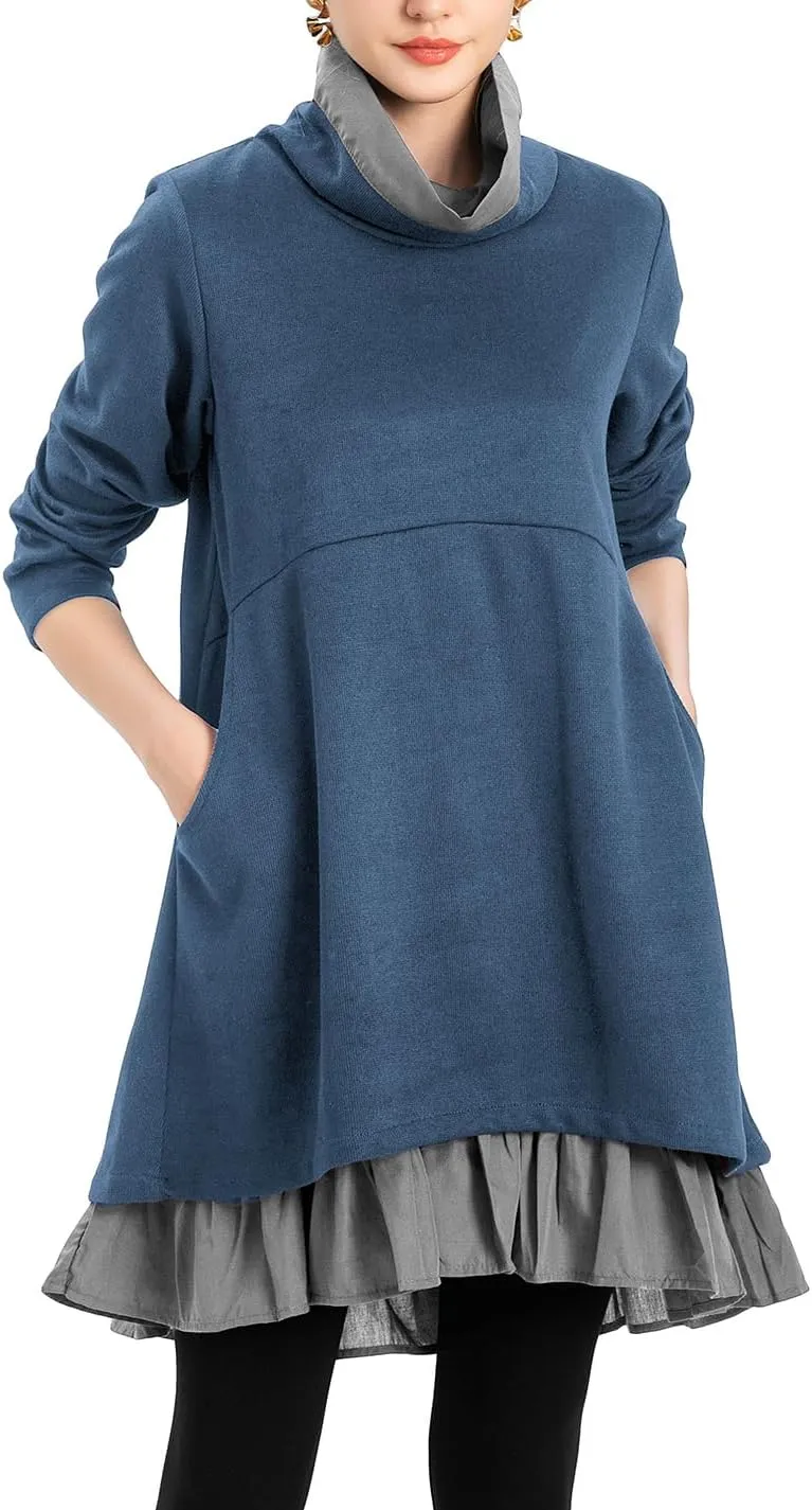 Minibee Women's Oversized Sweatshirt Dress Turtleneck Long Sleeve Tunic Tops Swing Dresses with Pockets