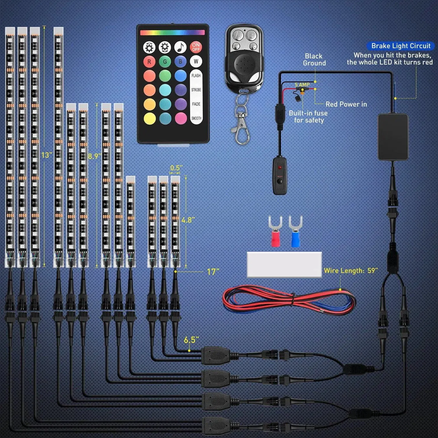 Motorcycle RGB Dual RF Remote Control LED Strip Lights 12PCS