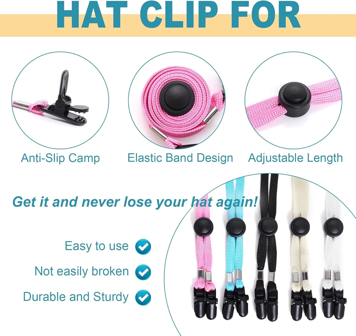 Sucrain 5 Pieces Adjustable Hat Strap Clips Hat Chin Cord for Golfing, Fishing, Boating