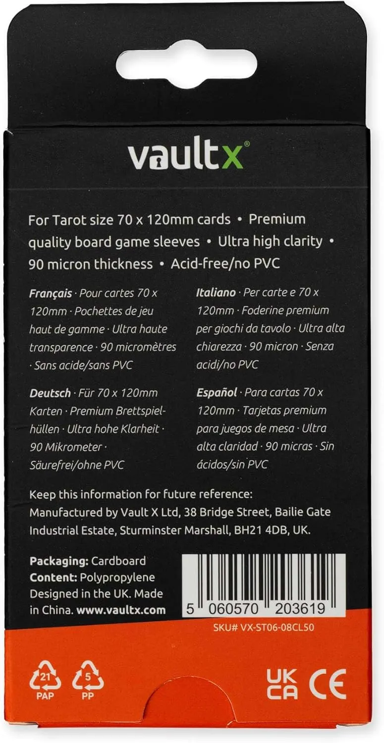 Vault X 'Tarot' Board Game Sleeves 70x120mm - Clear Premium Quality, Non-PVC, Durable and Long-Lasting Protection (50pcs)