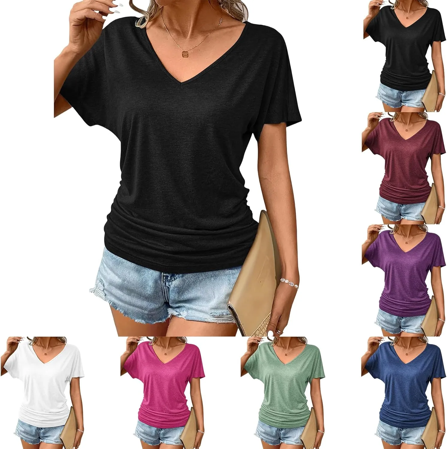 Womens Summer Blouses 2025 Solid Short Sleeve V Neck Casual Loose Fit Shirts Basic Comfy Breathable Trendy Tops
